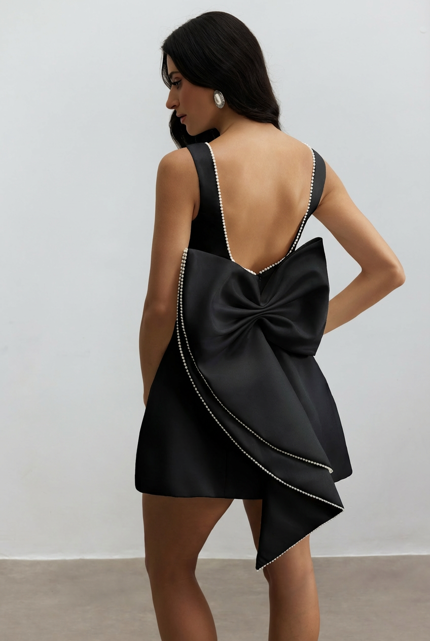 Bowknot Pearl Backless Mini Dress