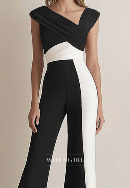Daily Splicing color Asymmetrical Neck Sleeveless Satin Flared Jumpsuit/Pantsuit