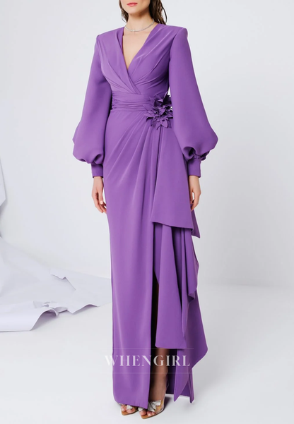 Purple V Neck Long Sleeves Side Slit Column Mother of the Bride Dress