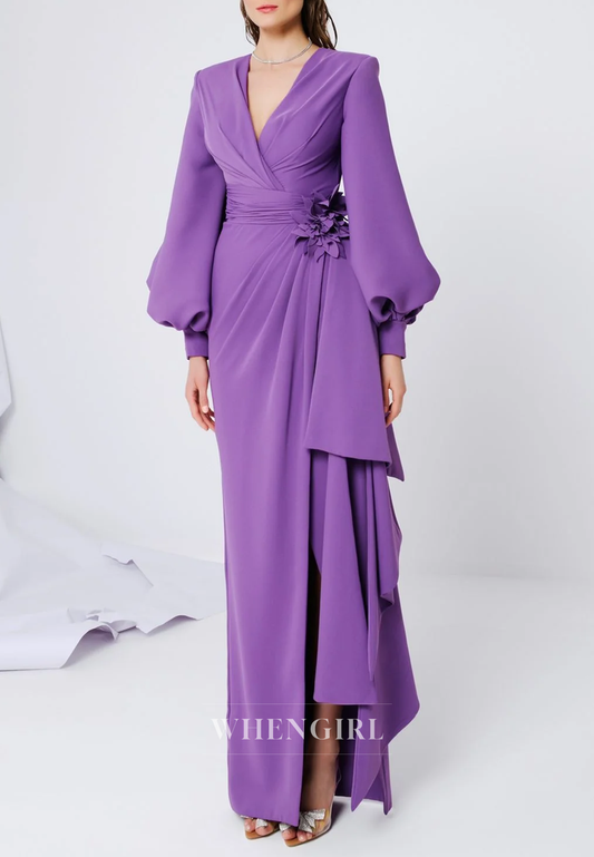 Purple V Neck Long Sleeves Side Slit Column Mother of the Bride Dress