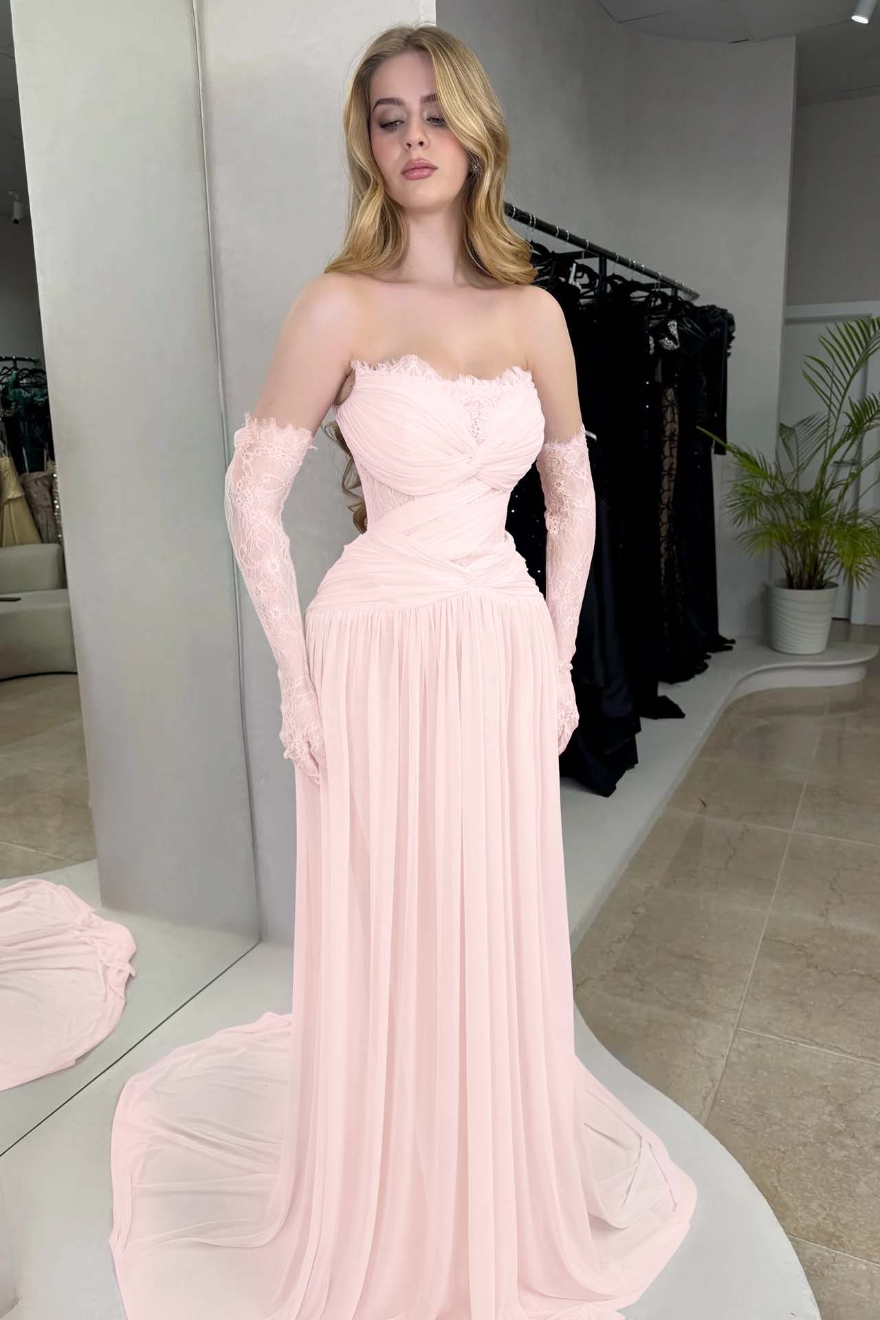 Column Strapless Fitted Prom Dress in Chiffon Pleated with Lace
