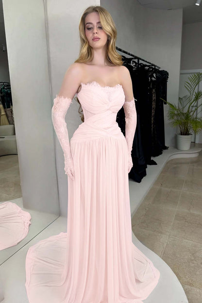 Column Strapless Fitted Prom Dress in Chiffon Pleated with Lace