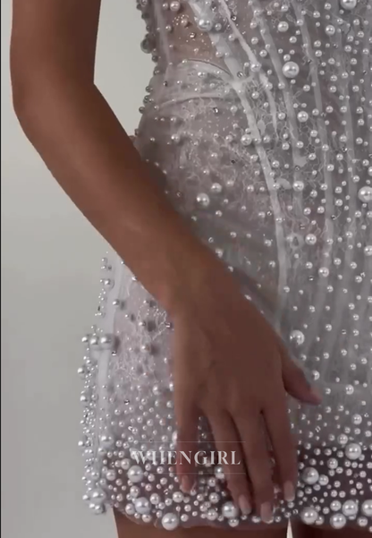 Sheath V Neck Pearls Beading Sleeveless Lace Short Wedding Dress