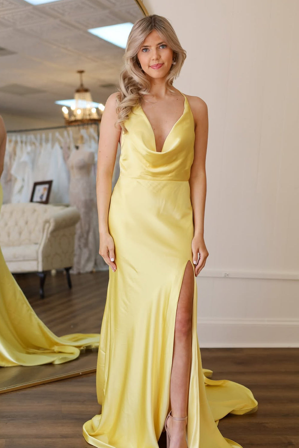 Mermaid Cowl Neck Daffodil Silk Satin Long Prom Dress