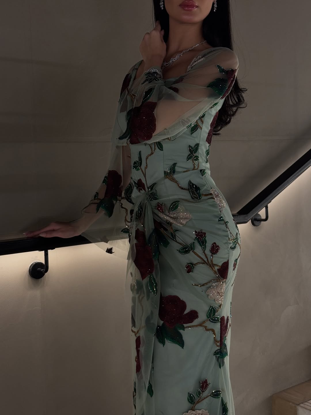 Mint Green Gown with Rose Embroidery Evening Dress