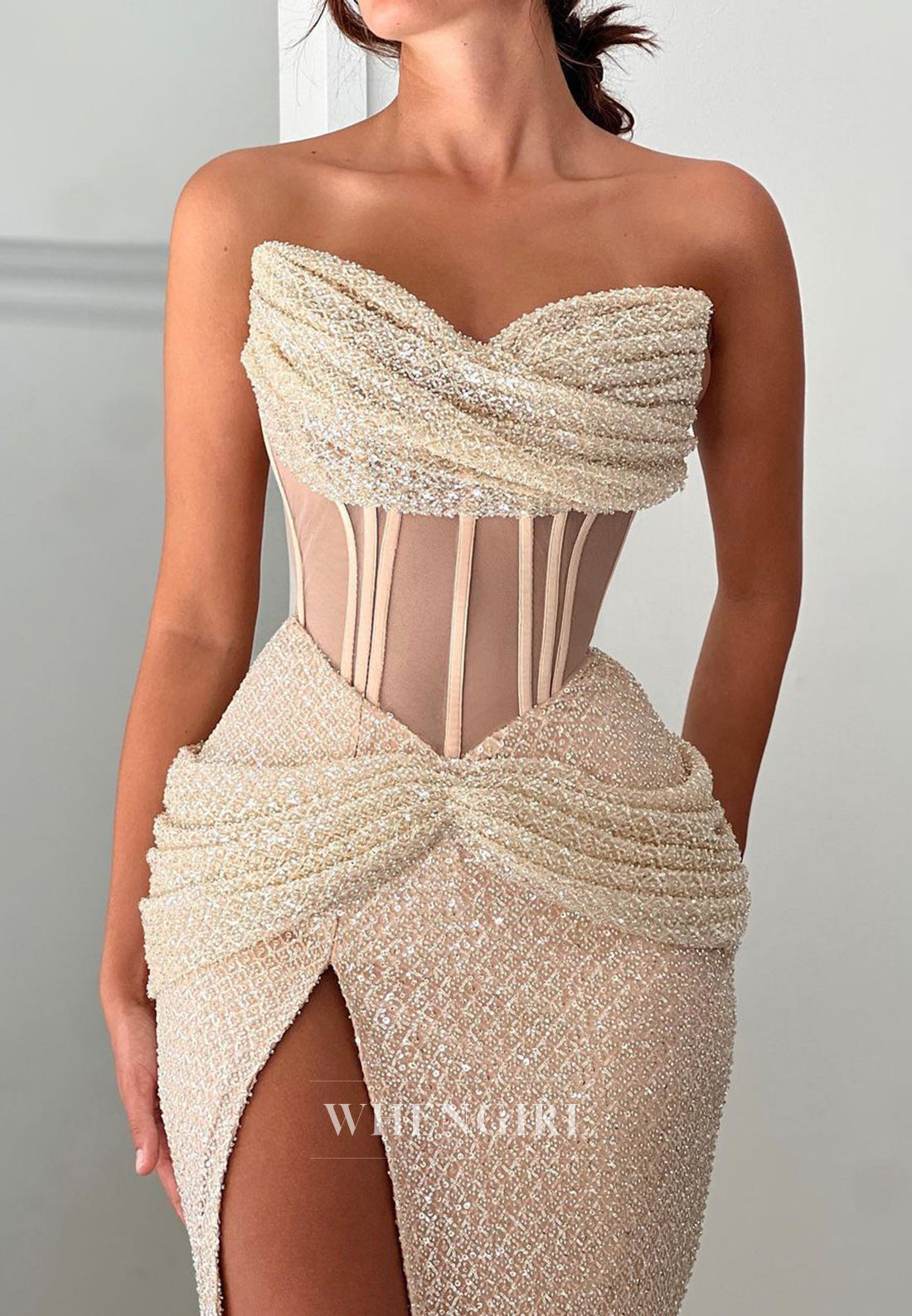 Graceful Sweetheart Empire Waist High Split Ruched Lace Party Prom Dress with Train