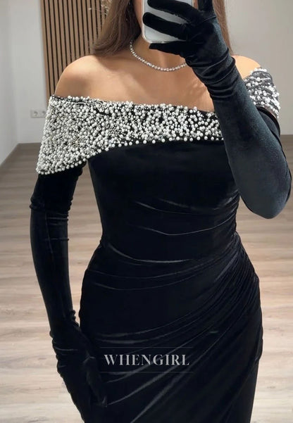 Mermaid Velvet Long Sleeves Beaded Asymmetrical Neck Evening Formal Dress