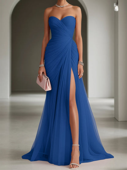 Ruched Slit Tulle Strapless Sleeveless Sheath Formal Gown