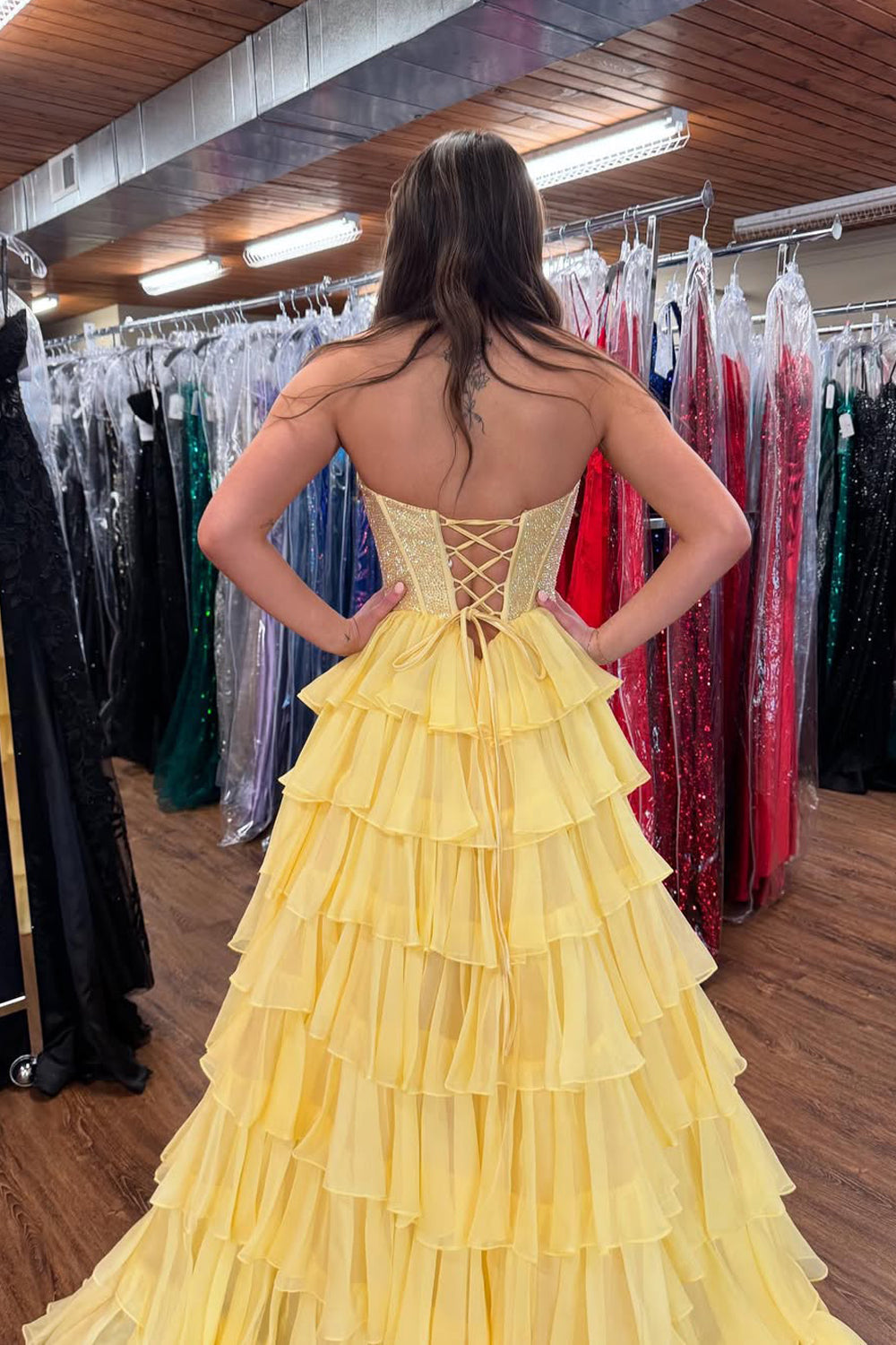 Cute A Line Scoop Neck Yellow Tiered Chiffon Prom Dress with Hot Stone Beading