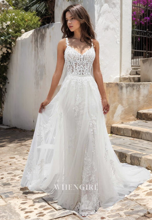 Mermaid Strapless Straps Sleeveless Fully Lace Boho Wedding Dress with Detachable Train