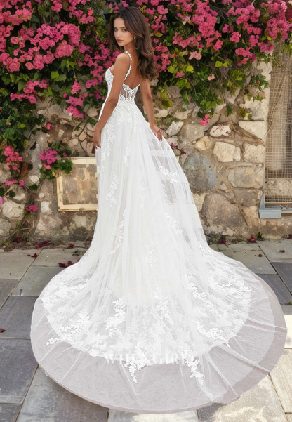 Mermaid Strapless Straps Sleeveless Fully Lace Boho Wedding Dress with Detachable Train