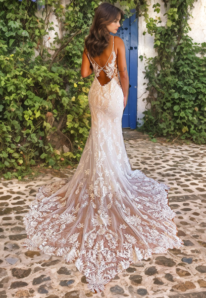 Mermaid V Neck Straps Sleeveless Fully Lace Boho Wedding Dress with Train