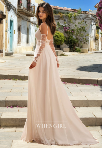 A-Line V Neck Straps Sleeveless Appliques Boho Wedding Dress with High Side Slit