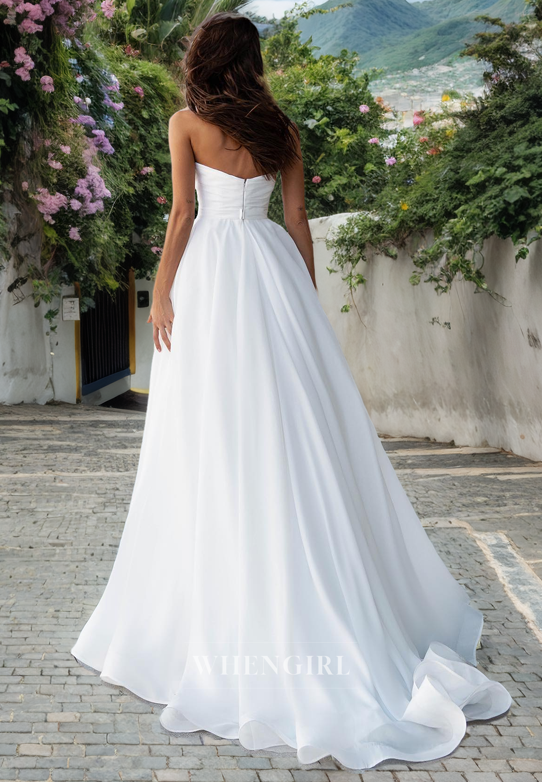 A-Line Strapless Sleeveless Pleated Beaded Back Zipper Satin Wedding Dress