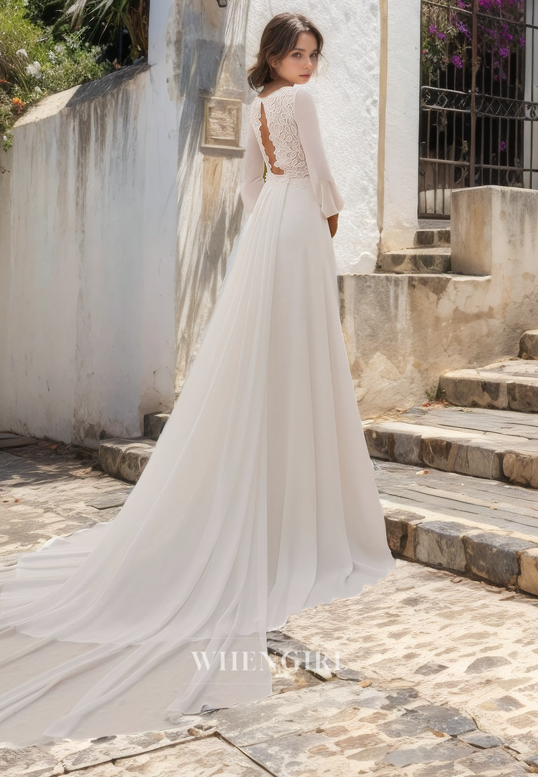 A-Line Scoop Neck Long Sleeves Lace Chiffon Wedding Dress with Train