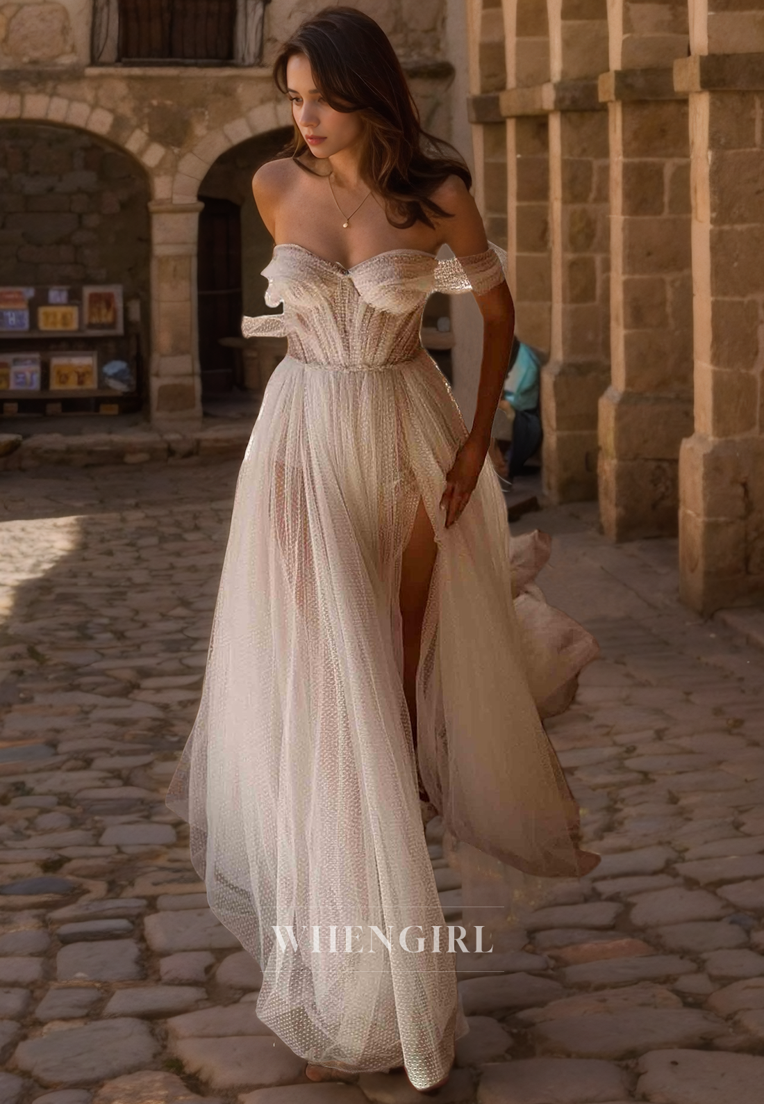 A-Line Off Shoulder Sleeveless Pleated Tulle Wedding Dress with Train ang Slit