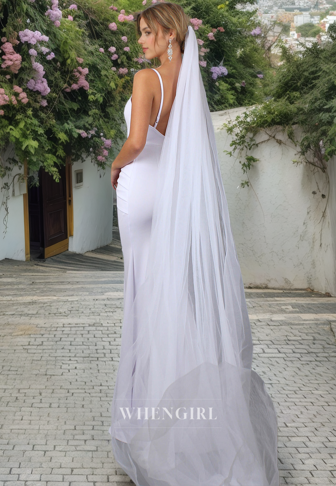 Sheath V Neck Straps Sleeveless Pleated Open Back Wedding Dress