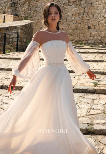 A-Line Scoop Neck Long Lantern Sleeves Tulle Tiered Beaded Wedding Dress