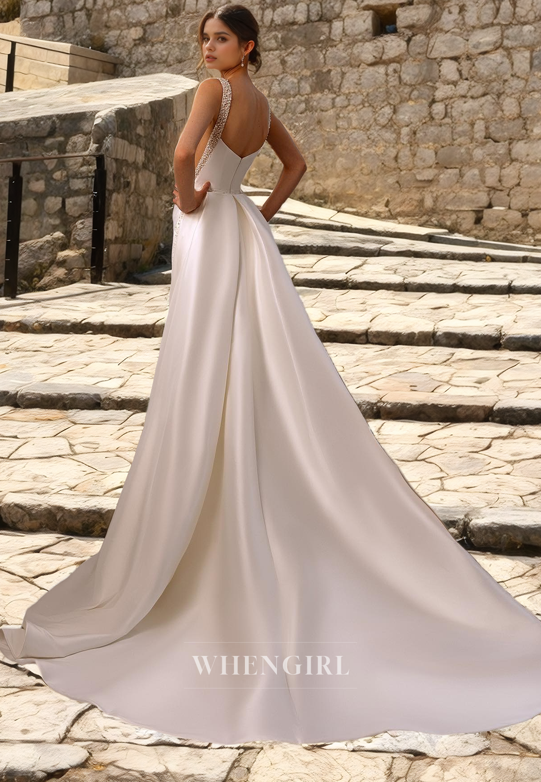 Mermaid Square Neck Straps Sleeveless Beaded Wedding Dress with Detachable Train