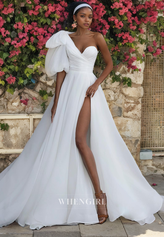 A-Line One Shoulder Half Lantern Sleeve Pleated Satin Wedding Dress with Train abd Slit