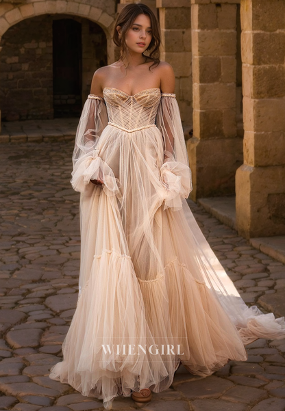 A-Line Strapless Long Sleeves Pleated Tulle Wedding Dress