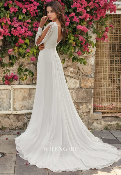 A-Line V Neck Long Sleeves Pleated Chiffon Wedding Dress with Train and Slit