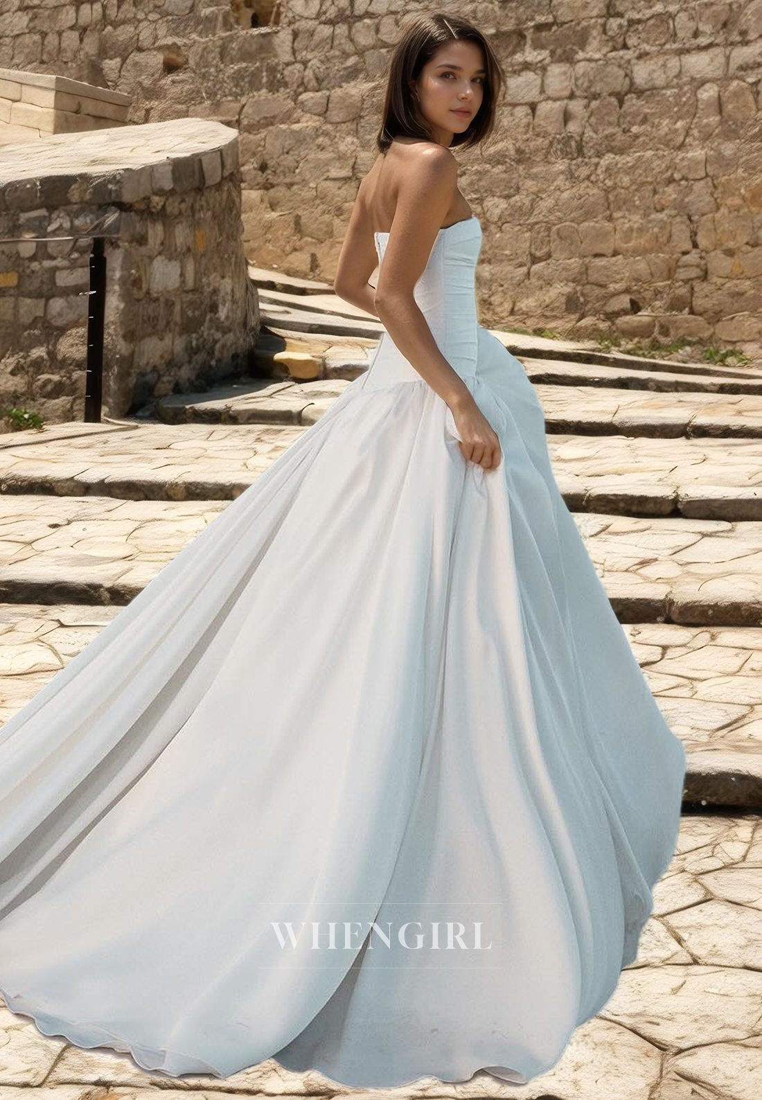 A-Line Strapless Sleeveless Pleated Satin Wedding Dress with Train