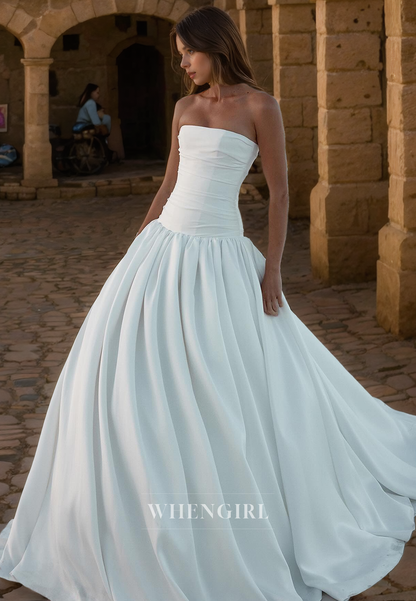 A-Line Strapless Sleeveless Pleated Satin Wedding Dress with Train