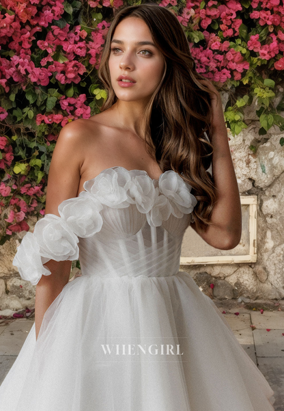 A-Line Off Shoulder Sleeveless Pleated Tulle Tiered Lace Up Mini Wedding Dress