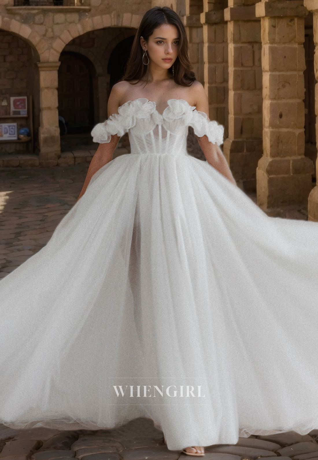 A-Line Off Shoulder Sleeveless Ruched Pleated Wedding Dress