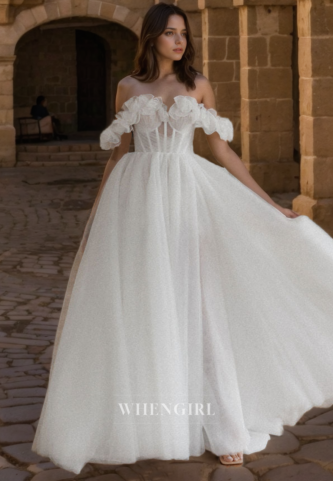 A-Line Off Shoulder Sleeveless Ruched Pleated Wedding Dress