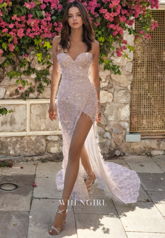 Sheath Strapless Sleeveless Fully Sequins Wedding Dress with High Side Slit and Train