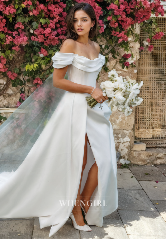 A-Line Off Shoulder Sleeveless Pleated Satin Wedding Dress with High Side Slit