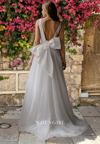 A-Line V Neck Straps Sleeveless Open Back Wedding Dress with Bow Knot