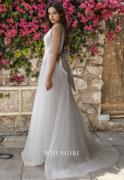 A-Line V Neck Straps Sleeveless Open Back Wedding Dress with Bow Knot