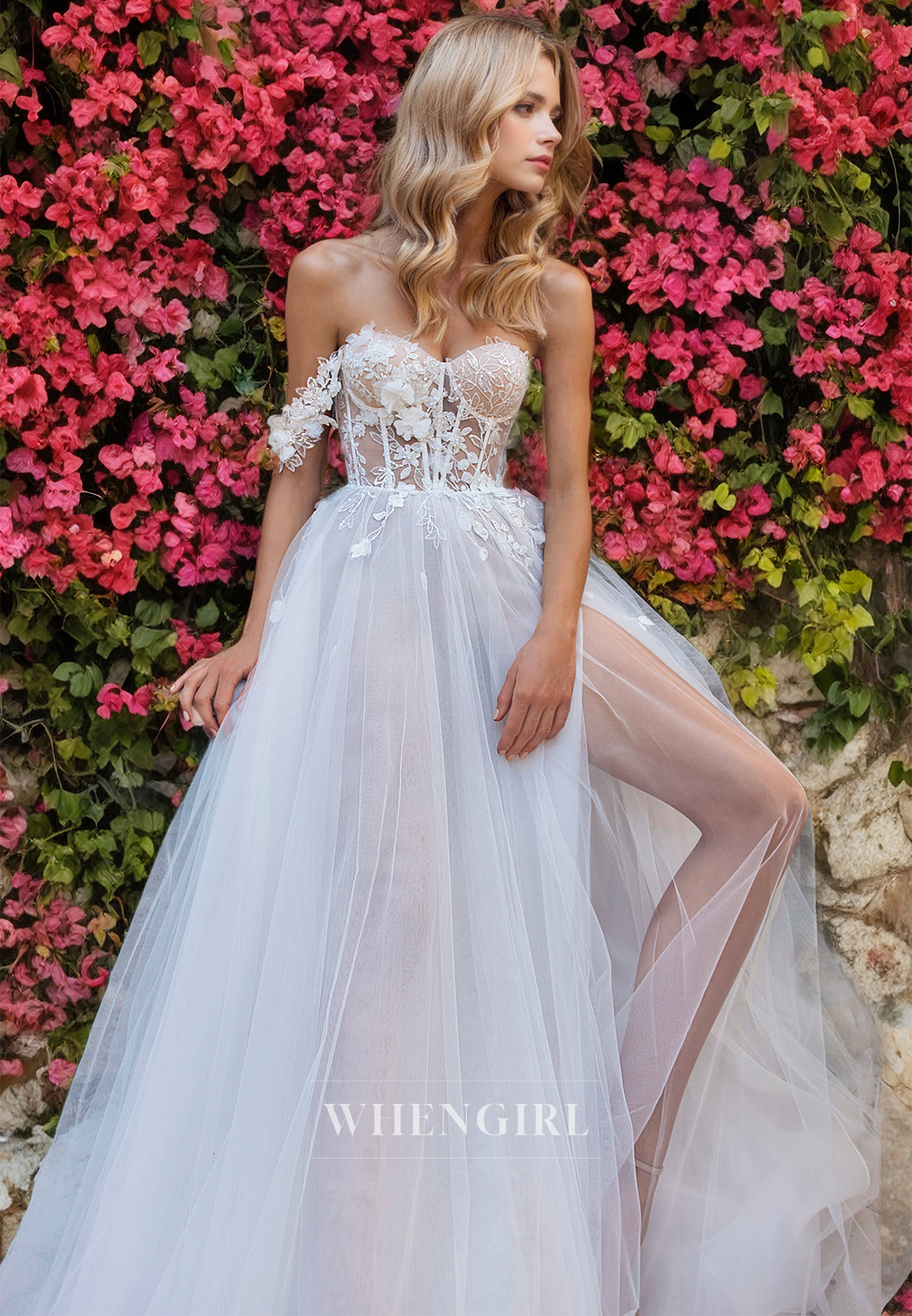 A-Line Strapless Sleeveless Appliques Tulle Boho Wedding Dress with High Side Slit