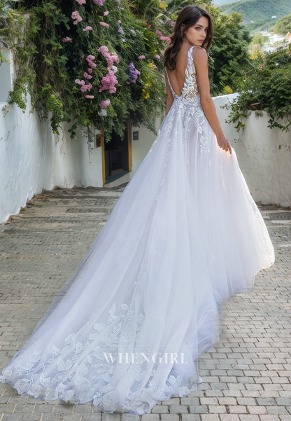 A-Line V Neck Strapless Sleeveless Appliques Open Back Beach Wedding Dress with High Side Slit