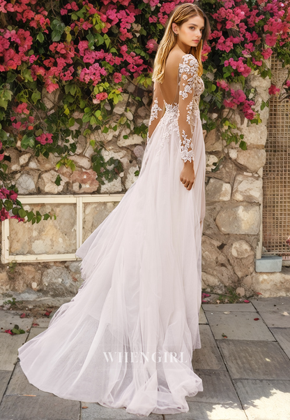 A-Line V Neck Long Sleeves Appliques Long Beach Wedding Dress with High Side Slit