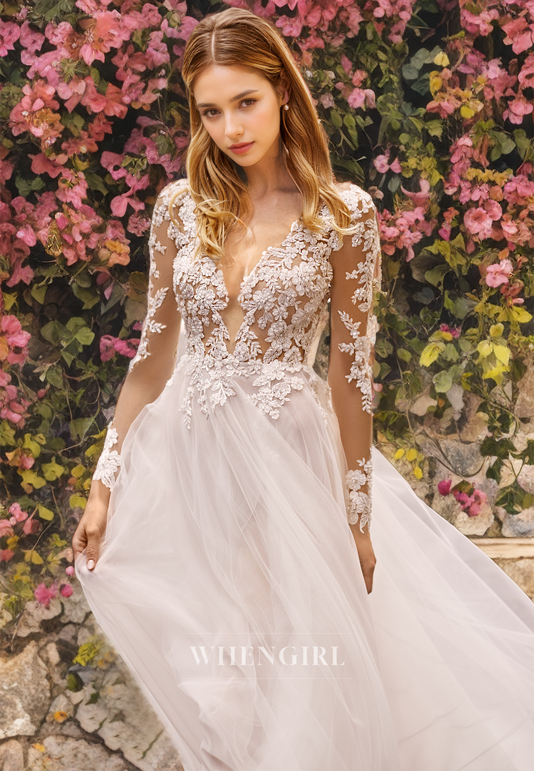 A-Line V Neck Long Sleeves Appliques Long Beach Wedding Dress with High Side Slit