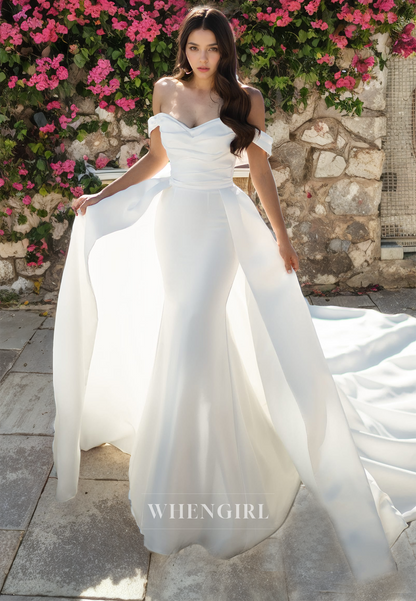 A-Line Off Shoulder Sleeveless Pleated Long Wedding Dress with Train