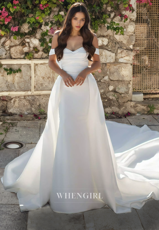 A-Line Off Shoulder Sleeveless Pleated Long Wedding Dress with Train