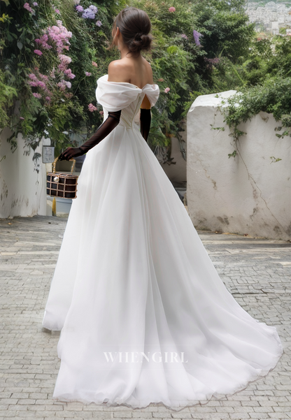 A-Line Off Shoulder Sleeveless Pleated Back Zipper Long Wedding Dress with Train