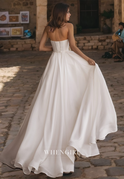 A-Line Strapless Sleeveless Pleated Back Zipper Satin Long Wedding Dress