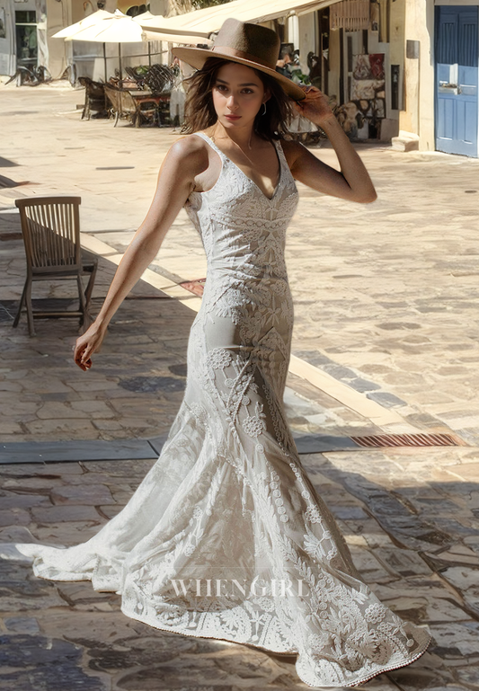 Mermaid V Neck Straps Sleeveless Fully Beaded Long Wedding Dress with Train