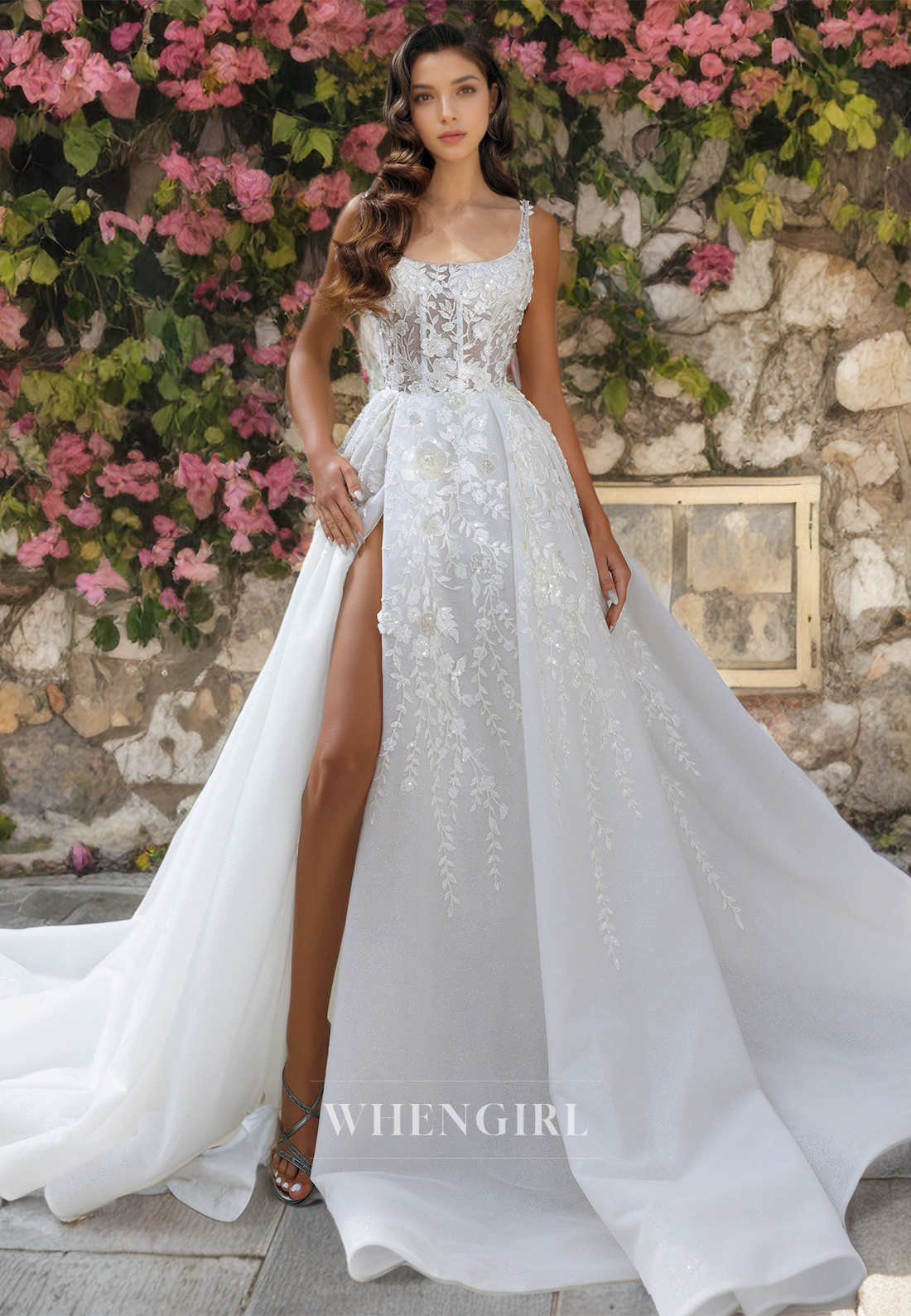 A-Line Strapless Sleeveless Appliques Tulle Wedding Dress with High Side Sit