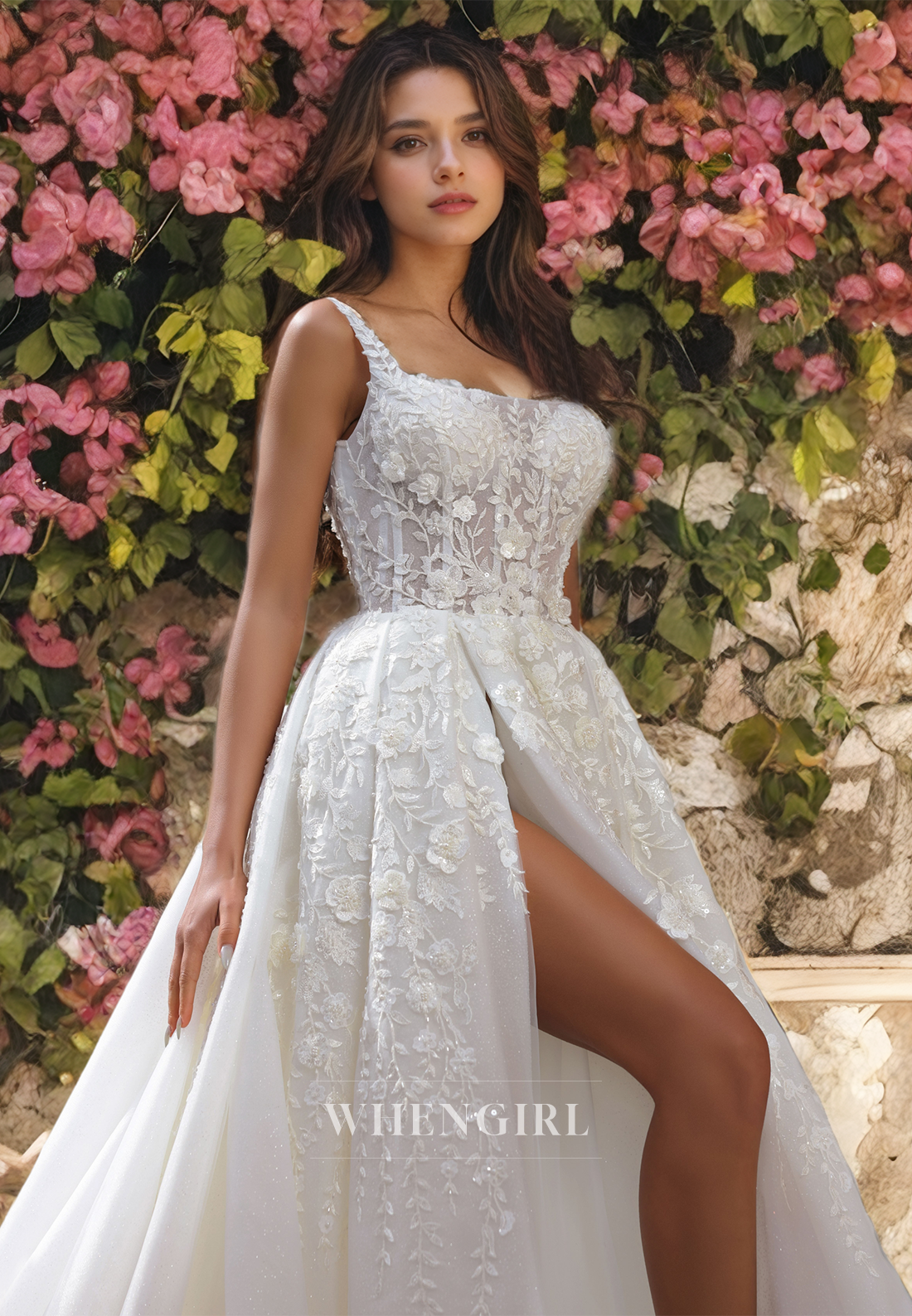 A-Line Strapless Sleeveless Appliques Tulle Wedding Dress with High Side Sit