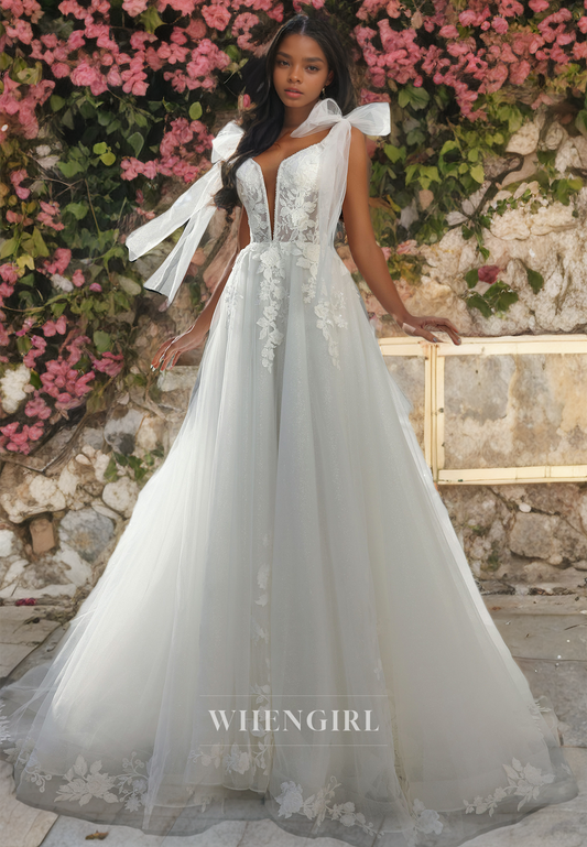 A-Line Strapless Sleeveless Appliques Tulle Wedding Dress with Train