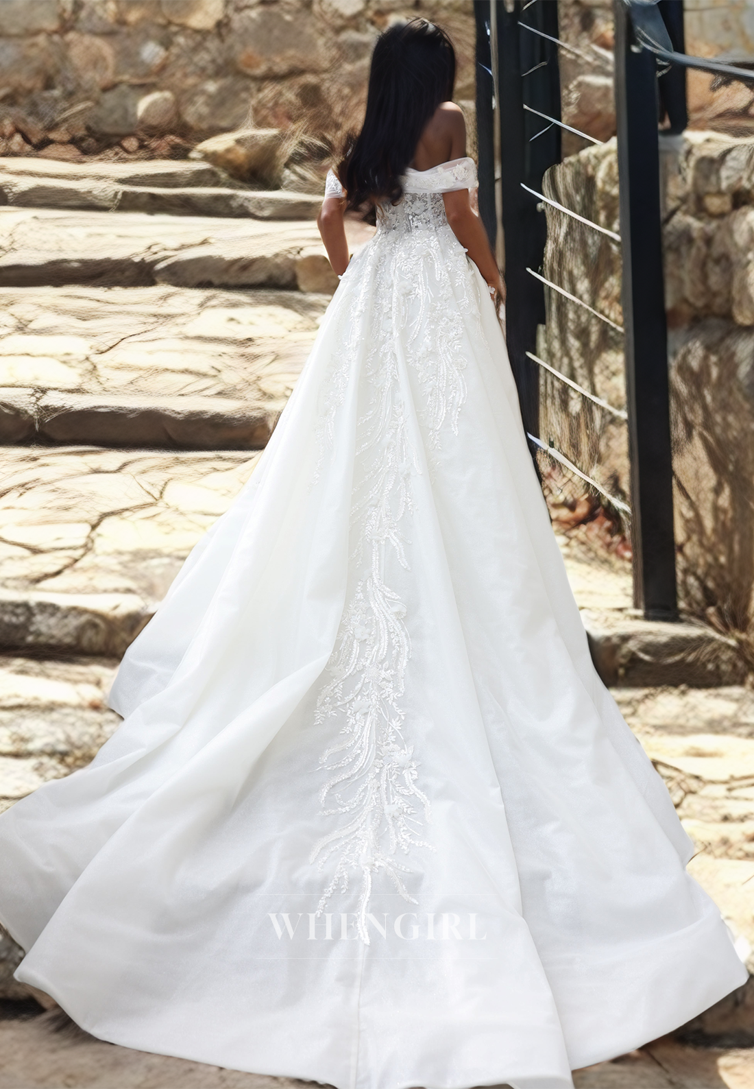 A-Line Off Shoulder Appliques Sequins Tulle Wedding Dress with High Side Slit