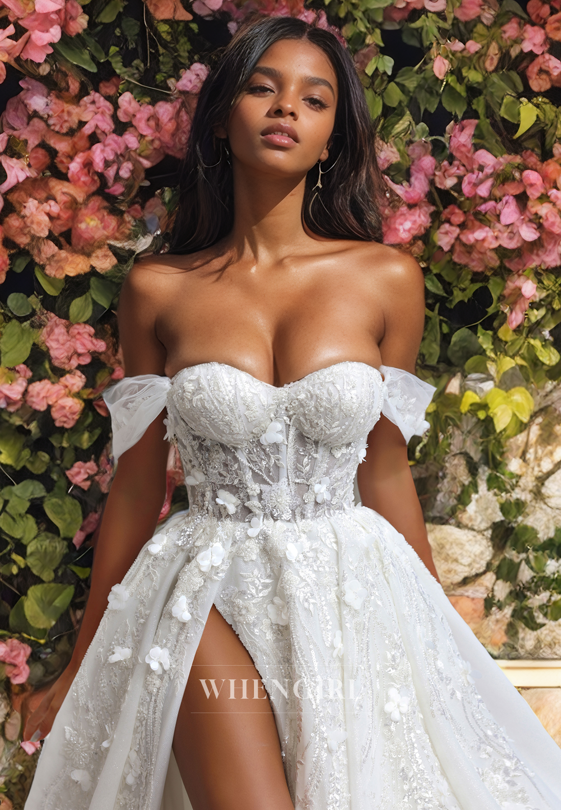 A-Line Off Shoulder Appliques Sequins Tulle Wedding Dress with High Side Slit