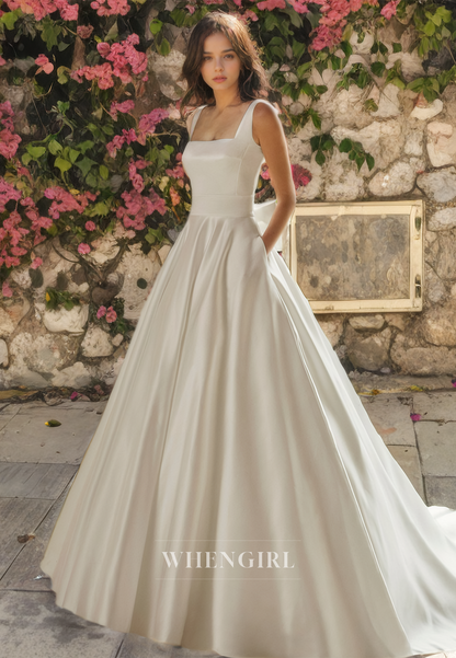 A-Line Square Straps Sleeveless Satin Open Back Wedding Dress with Train